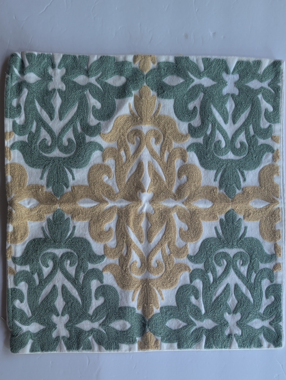 Embroidered Decorative Square Pillow Cover — Sage Green & Gold Pattern
